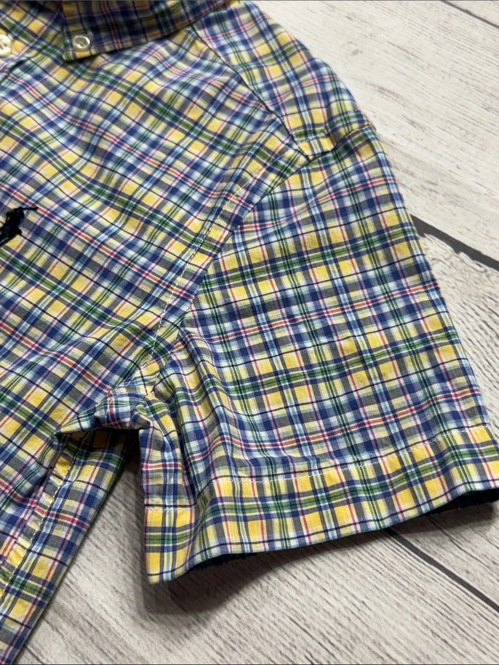 Ralph Lauren Boys Short Sleeve Plaid Button-Down Shirt in Yellow, Blue, & Green